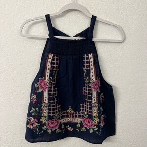 Free People Navy Floral Embroidered Top